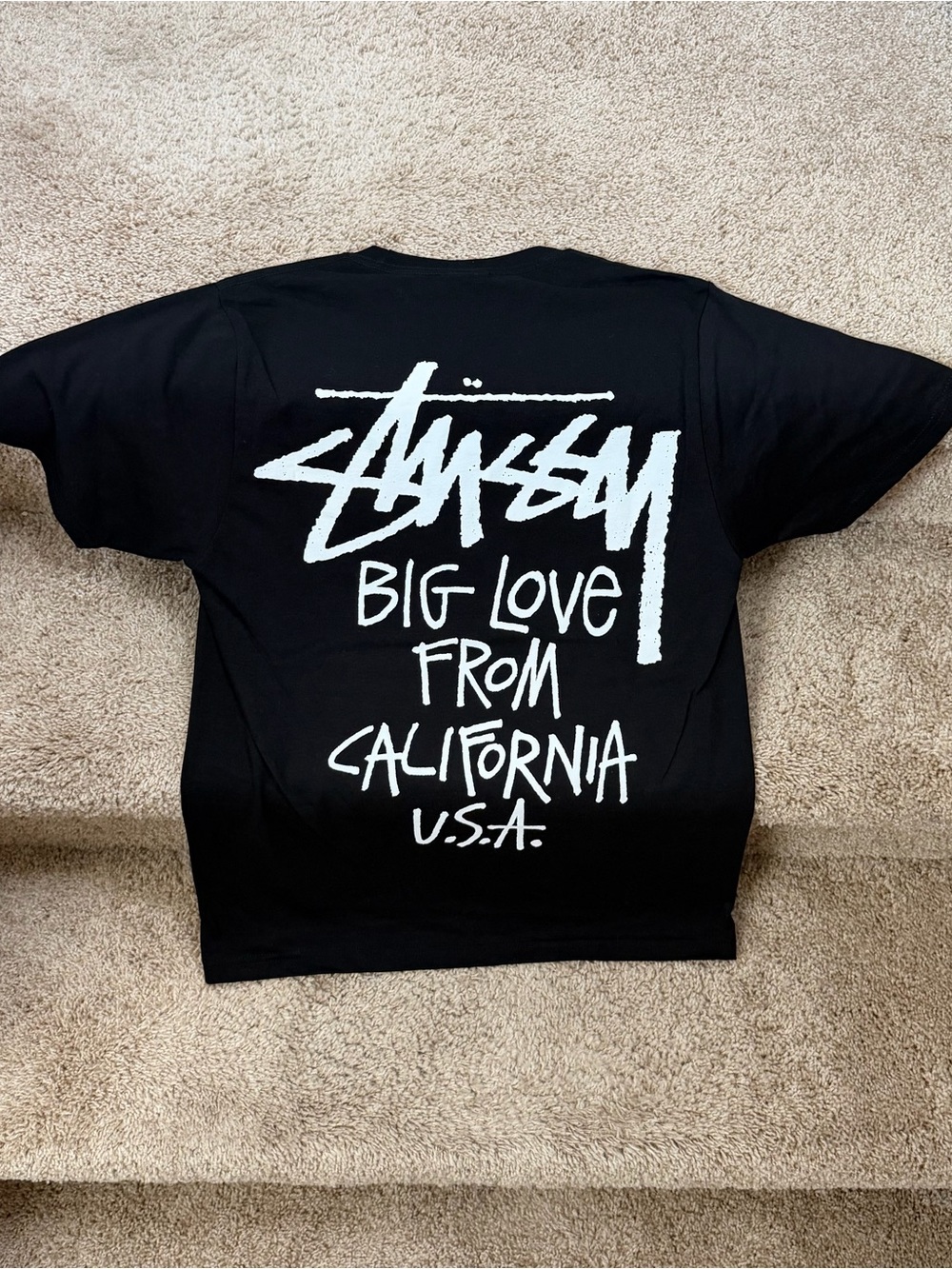 Stussy Black Tee with White 'Big Love From California' Back Graphic